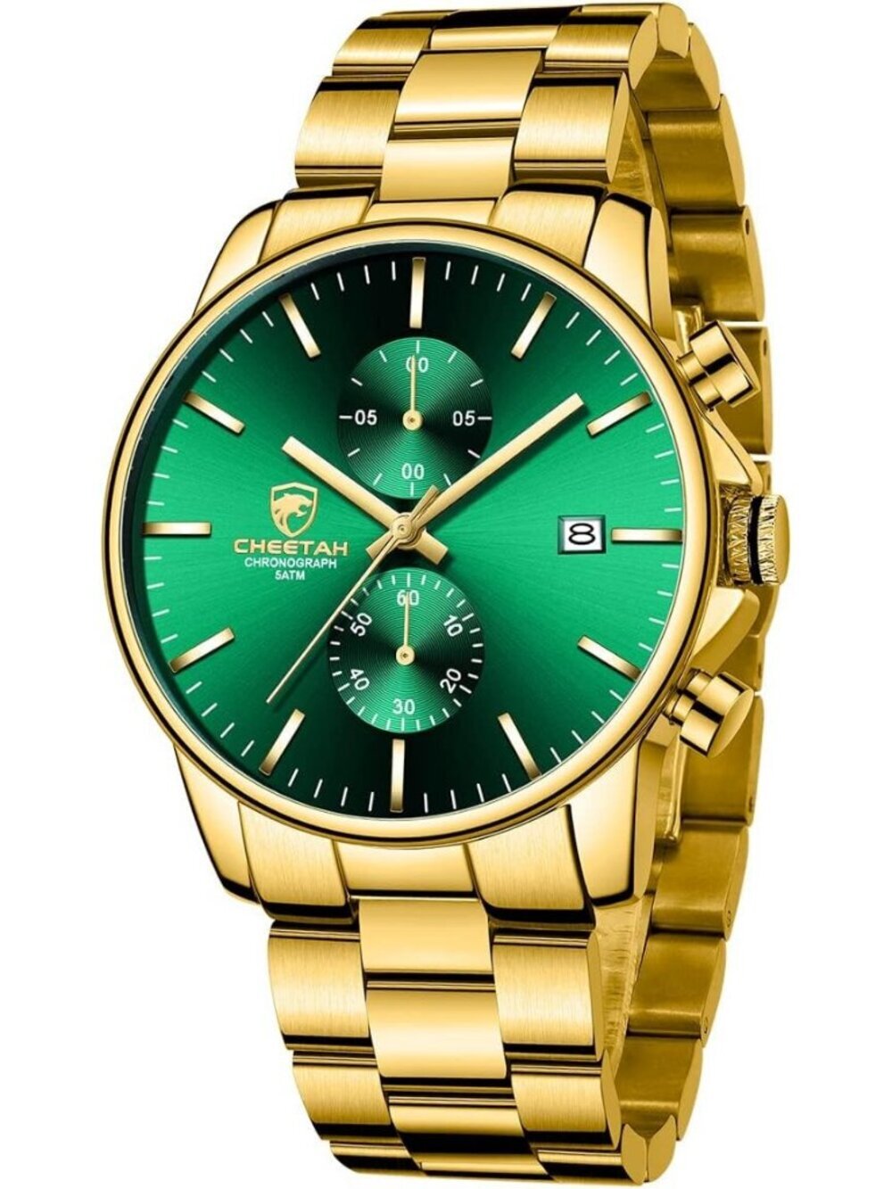Men's Gold Green Classic Stainless Steel Waterproof Chronograph Quartz Watch